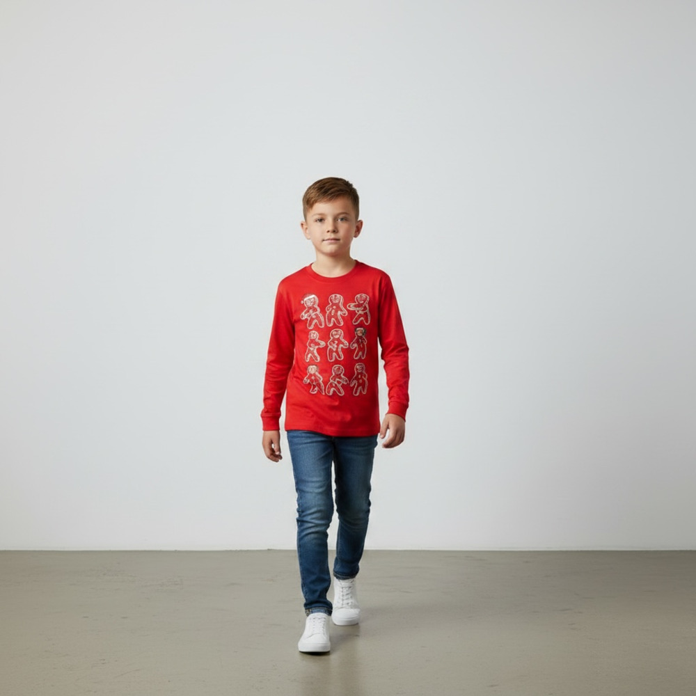 Red Gingerbread Man Graphic Long Sleeve Christmas T-Shirt Size S (6-7)